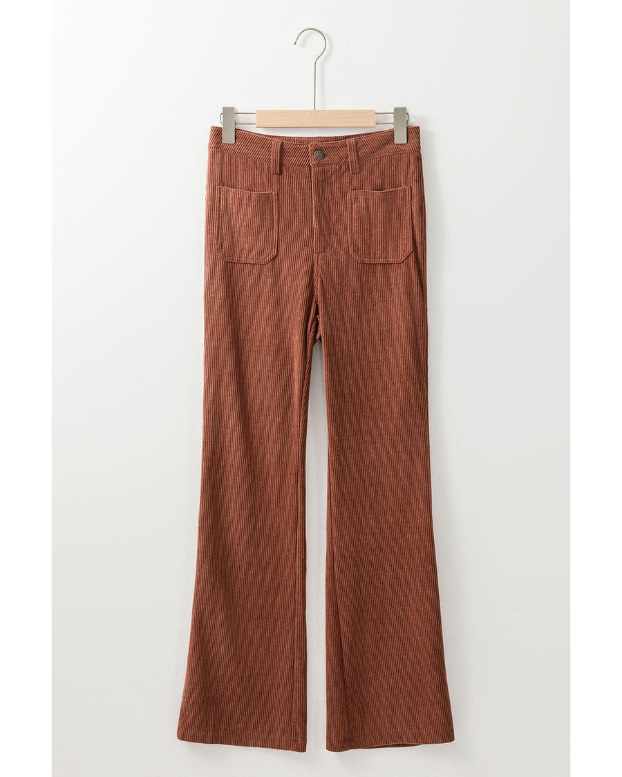 Brown High Waist Square Pockets Corduroy Pants - M