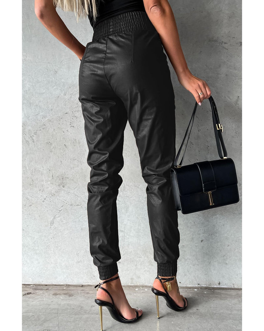 Black Smocked High-Waist Leather Skinny Pants - L