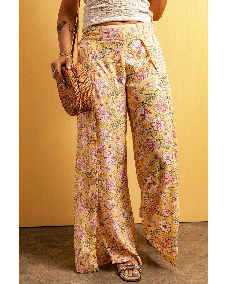 Yellow Floral Print High Slit Wide Leg Pants - L