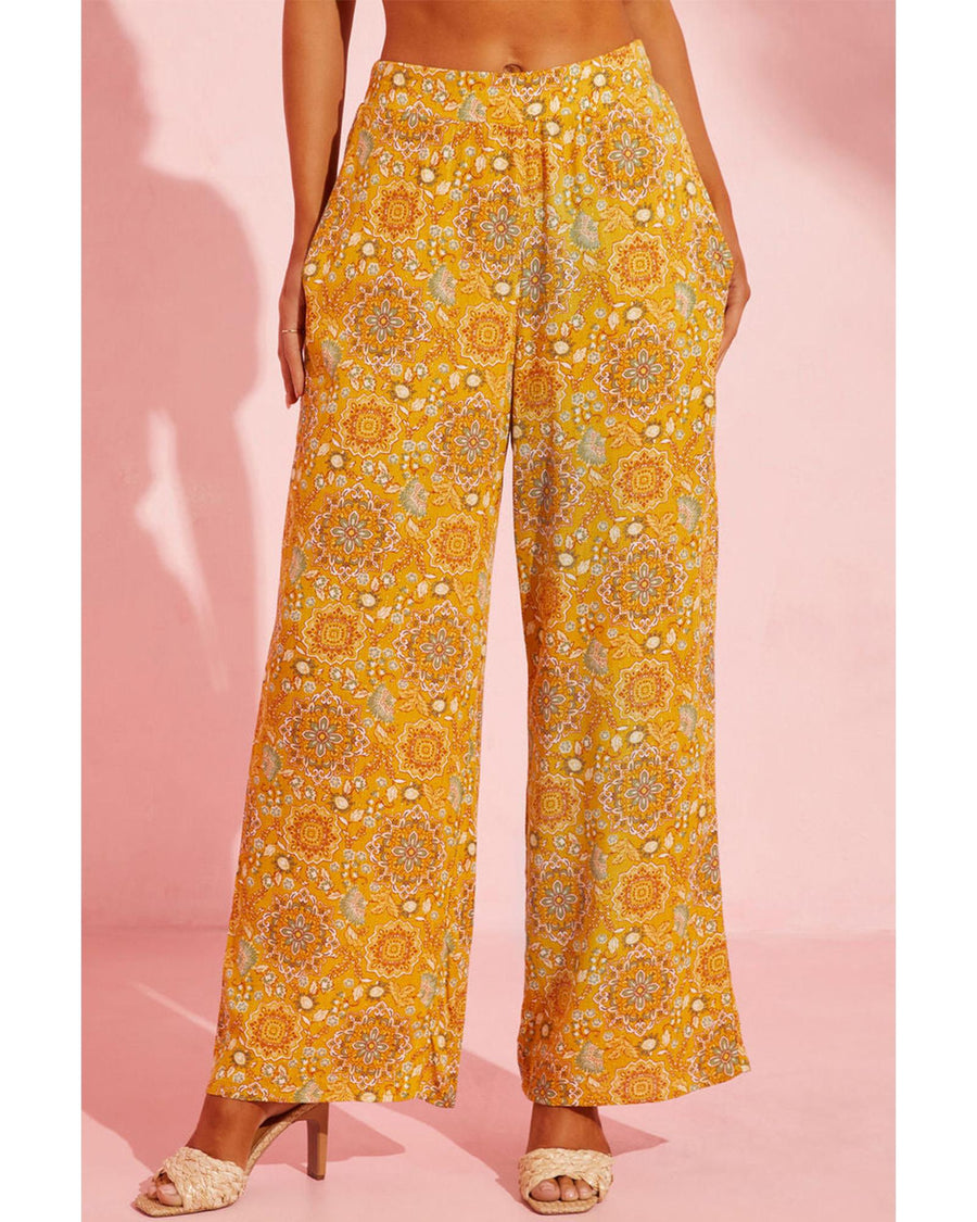 Yellow Bohemian Floral Print Pocketed Wide Leg Pants - S
