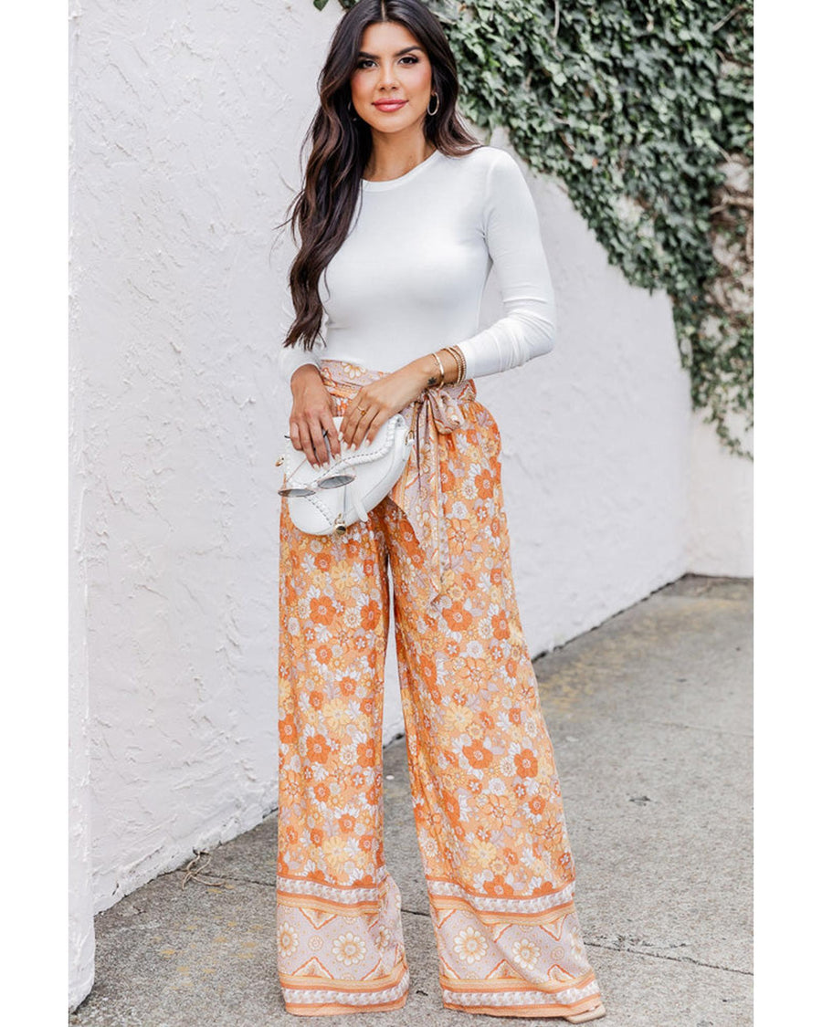 Grapefruit Orange Tie Waist Boho Floral Wide Leg Pants - L