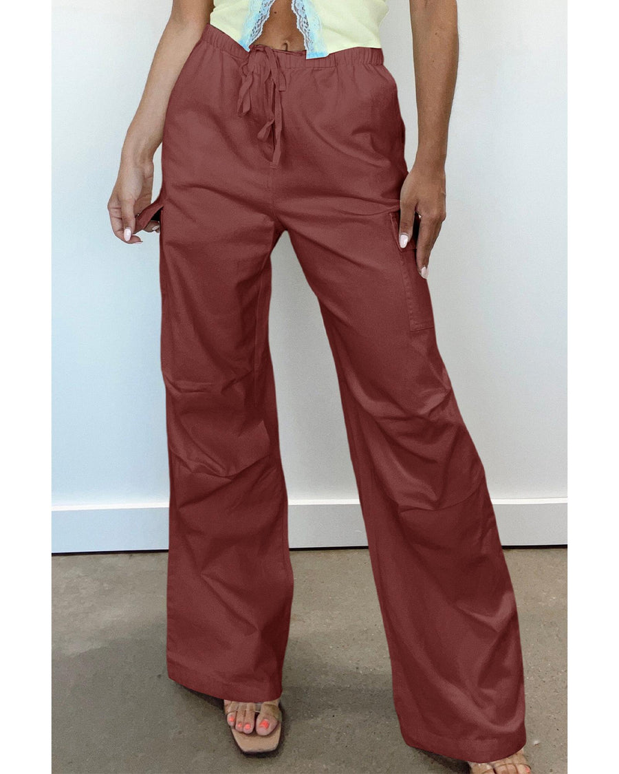 Mineral Red Solid Color Drawstring Waist Wide Leg Cargo Pants - M