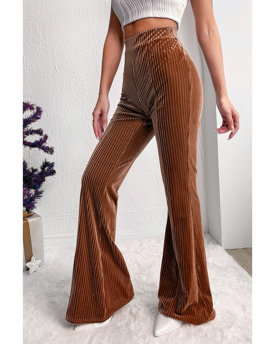 Chestnut Solid Color High Waist Flare Corduroy Pants - XL