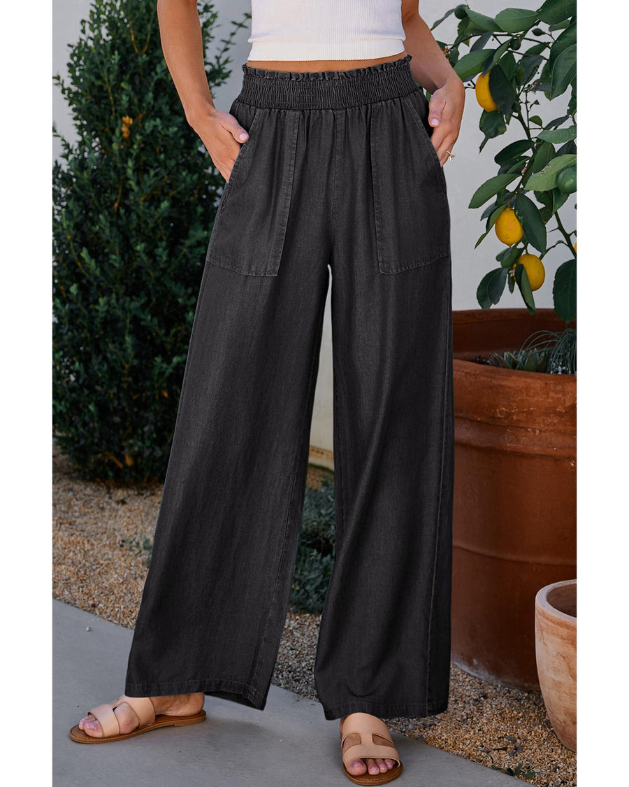 Black Side Pockets Frilled Smocked High Waist Wide Leg Jeans - XL