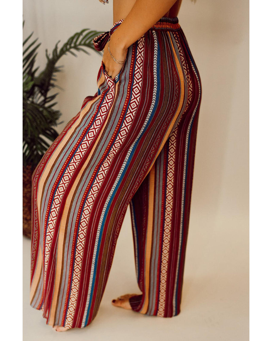 Red Boho Ethnic Striped Print Tie Waist Wide Leg Pants - M