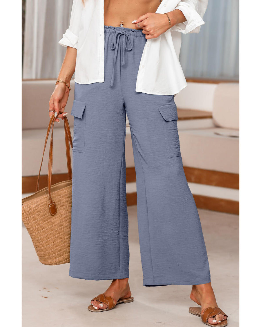 Dark Grey Drawstring Frilled Waist Wide Leg Utility Trousers - M