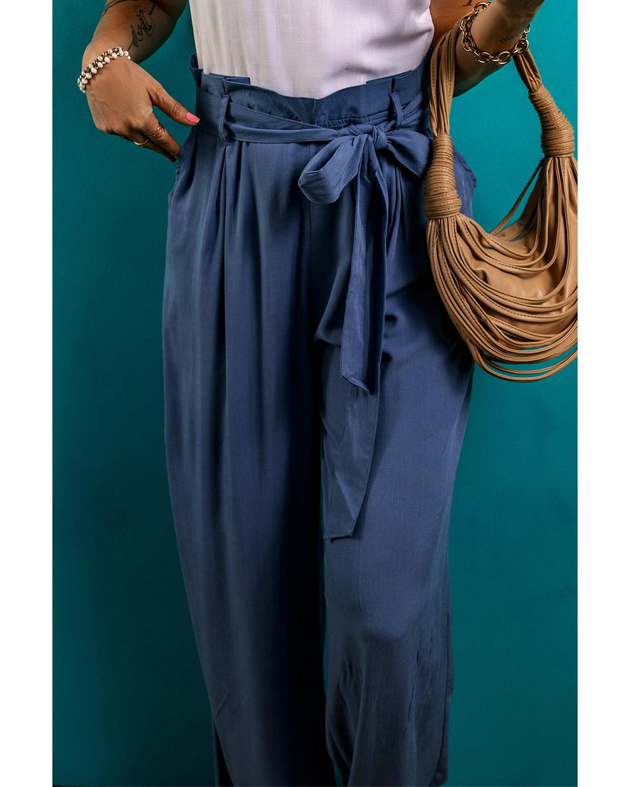 Wild Wind Belted Frilly Waist Wide Leg Loose Pants - L