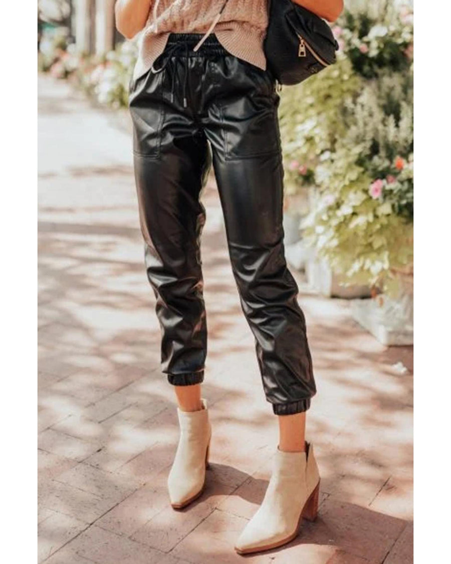 Black Faux Leather Ankle Smocked Waist Drawstring Joggers - L