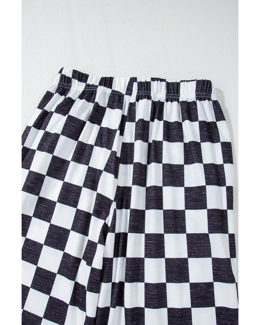 Black 2-Tone Checked Print High Waist Wide Leg Pants - L