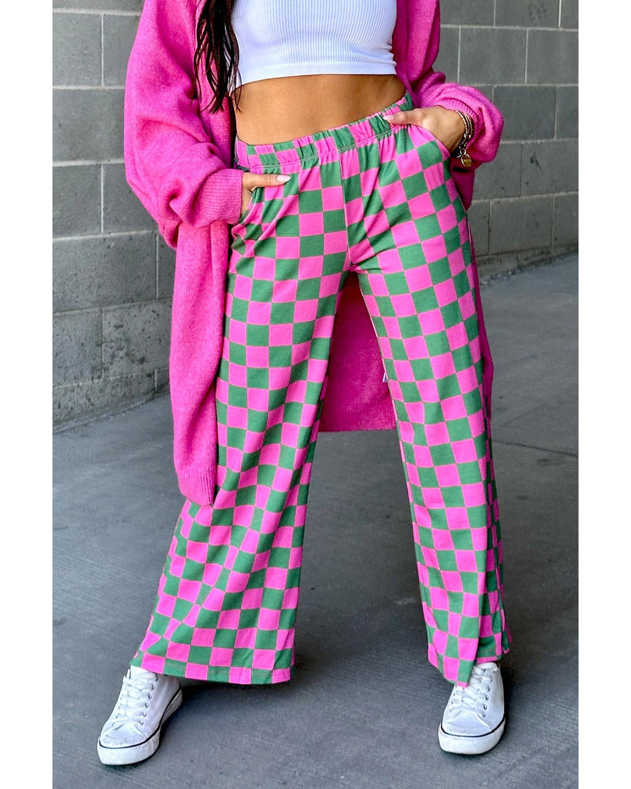 Green 2-Tone Checked Print High Waist Wide Leg Pants - L