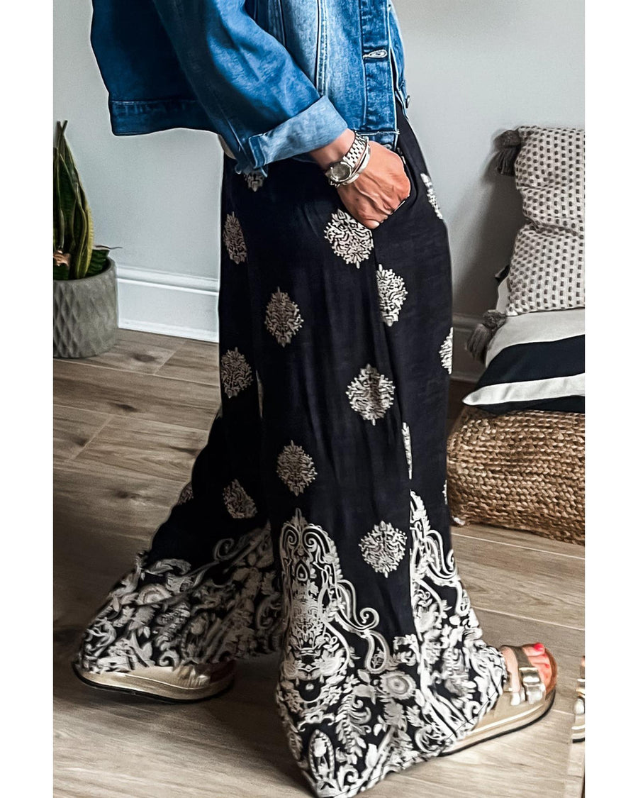 Black Bohemian Printed Drawstring Waist Wide Leg Pants - M