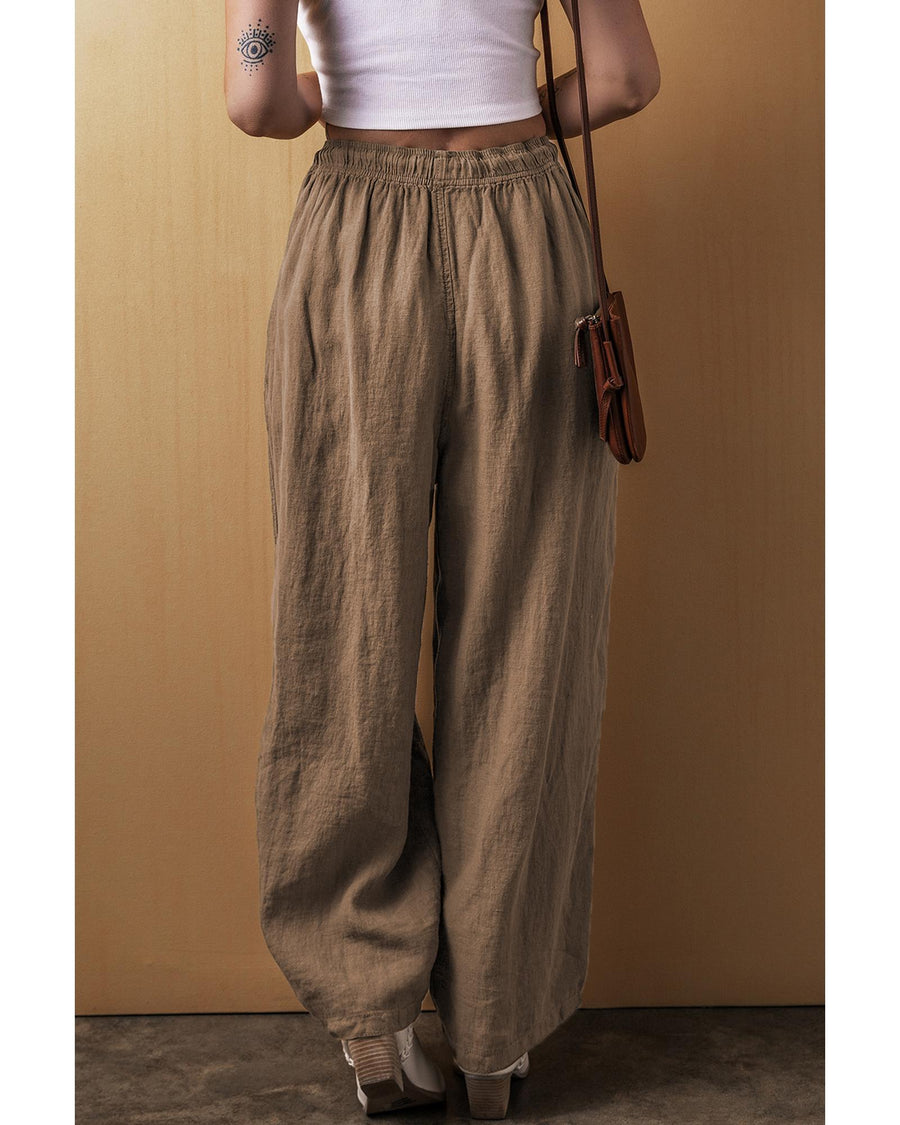 Desert Palm Cotton Linen Drawstring Waist Wide Leg Pants - M