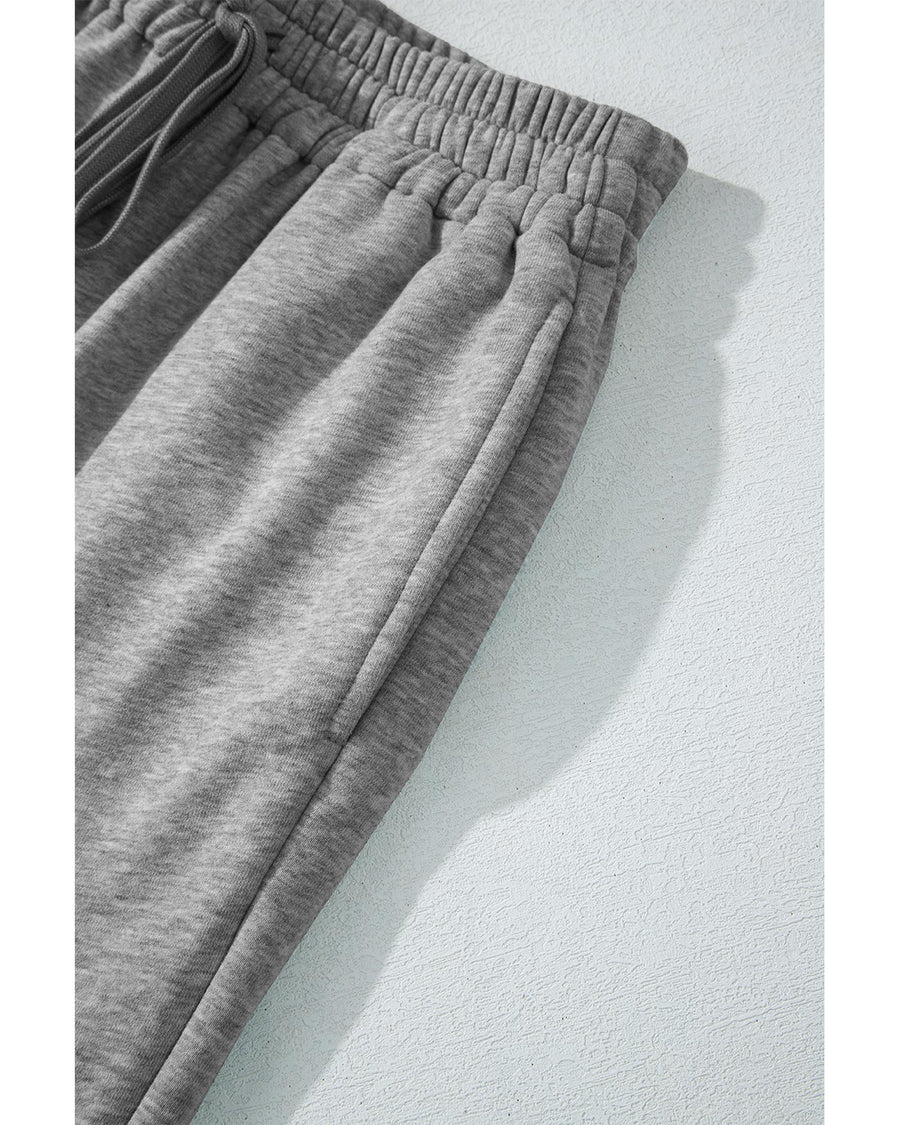 Light Grey Solid Color Fleece Lined Drawstring Waist Casual Pants - M