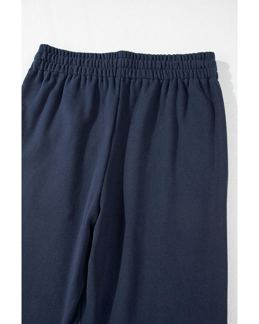 Navy Blue Solid Color Fleece Lined Drawstring Waist Casual Pants - M