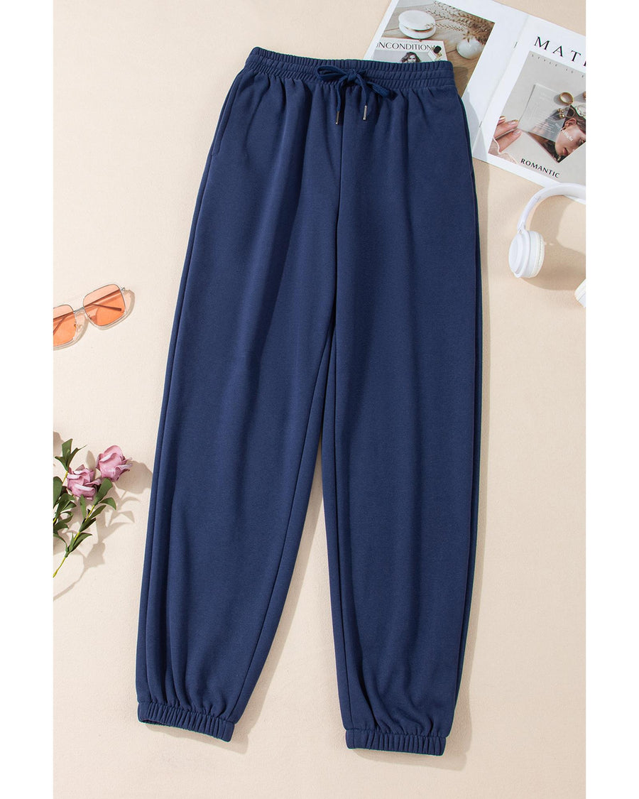 Navy Blue Solid Color Fleece Lined Drawstring Waist Joggers - 2XL