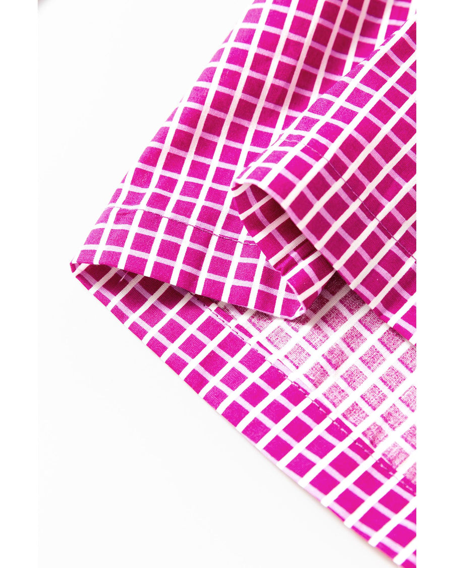 Pink Plaid Print Drawstring High Waist Wide Leg Casual Pants - M