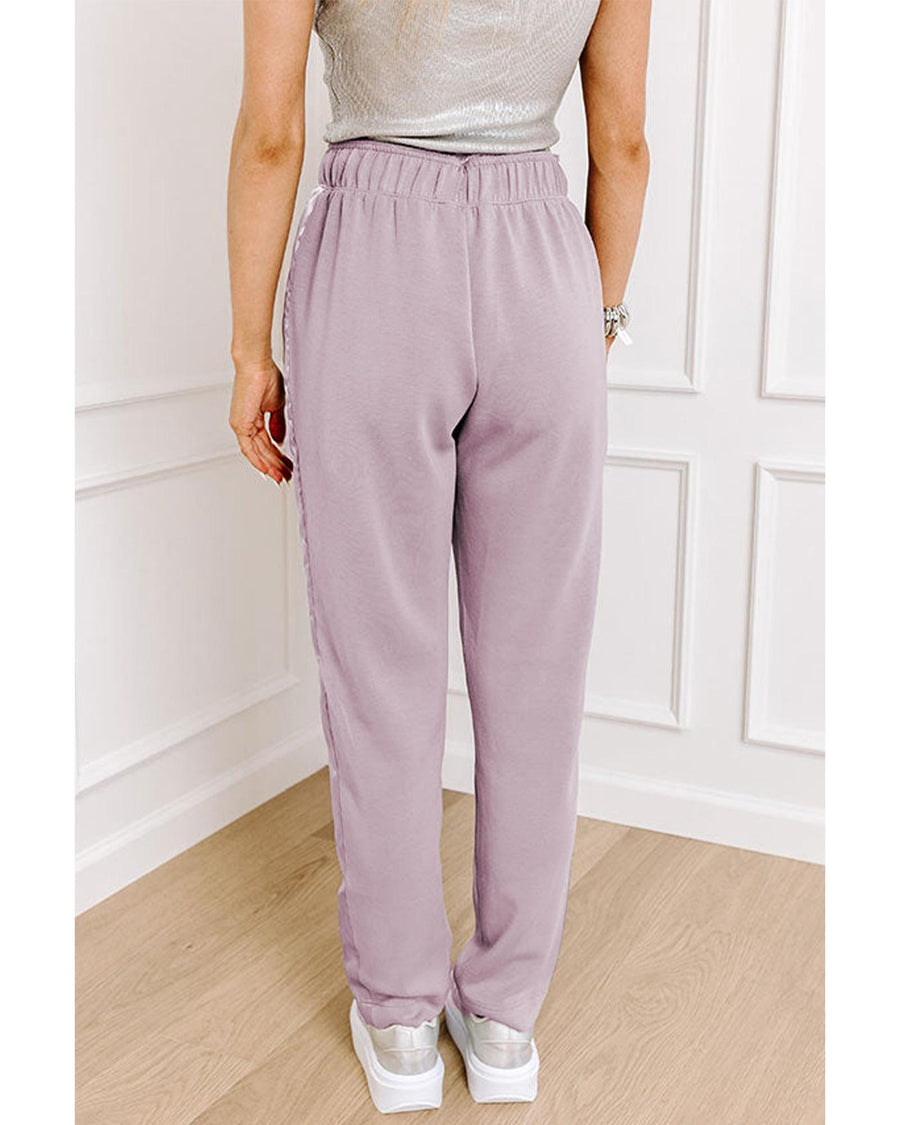 Orchid Petal Drawstring Waist Satin Stripe Patch Straight Leg High Waist Pants - XL