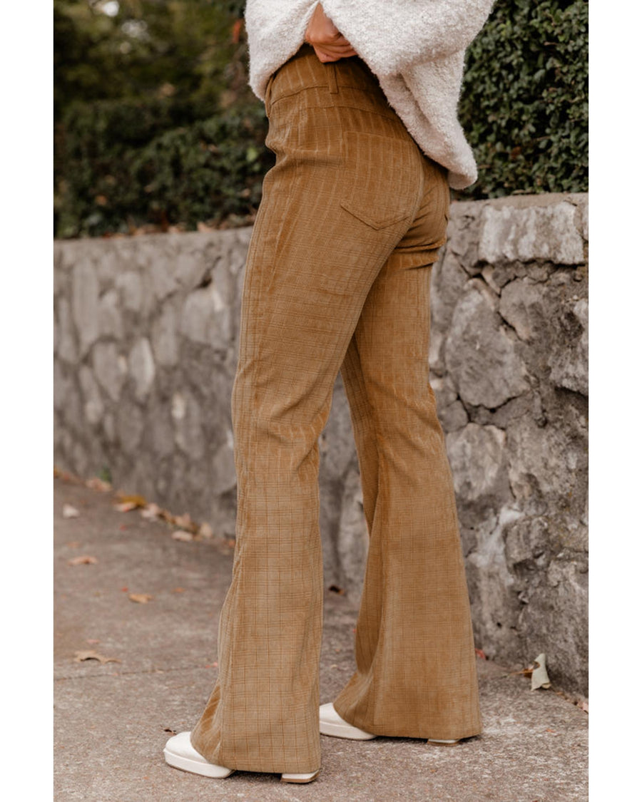 Grapefruit Orange Checkered Corduroy Flare High Waist Pants - XL