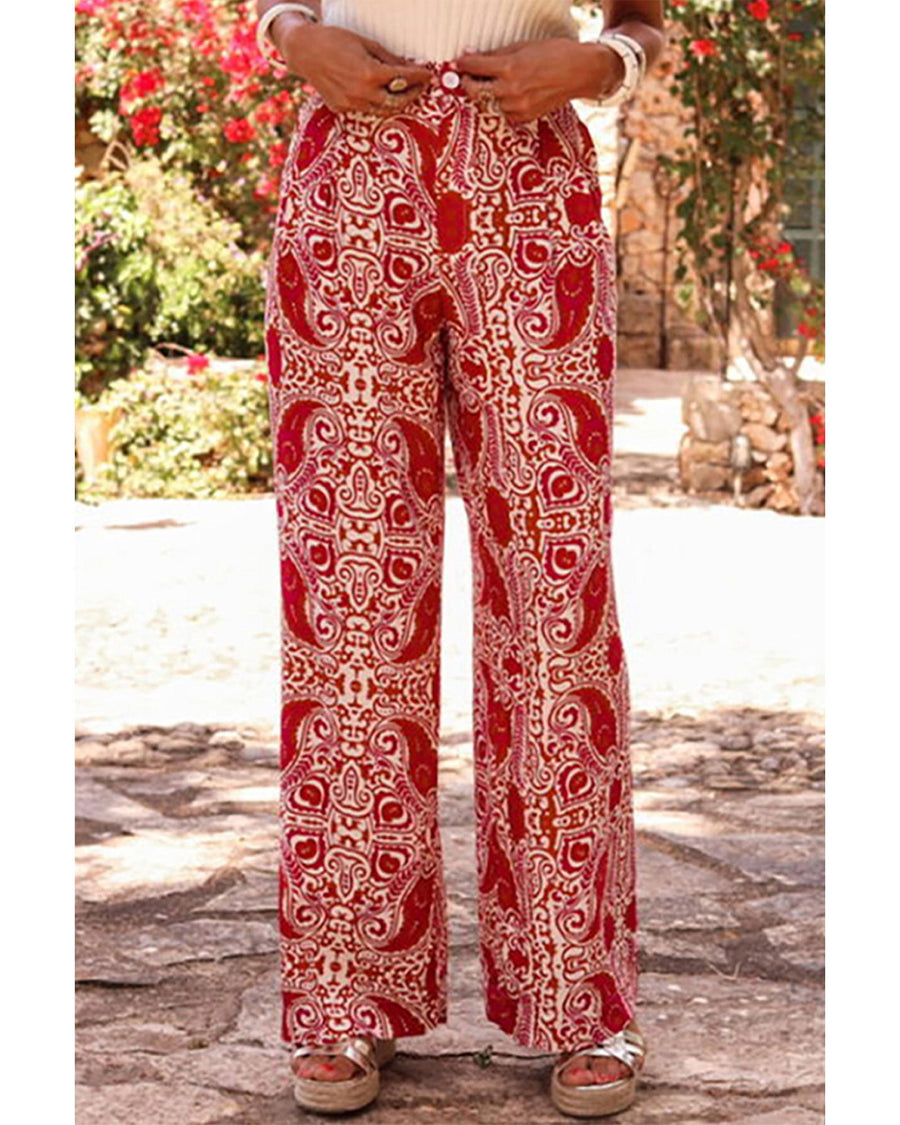 Red Paisley Printed Buttoned High Waist Straight Leg Pants - S