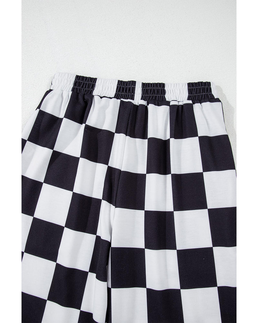Black Checkerboard Elastic Waist Pocketed Joggers - M