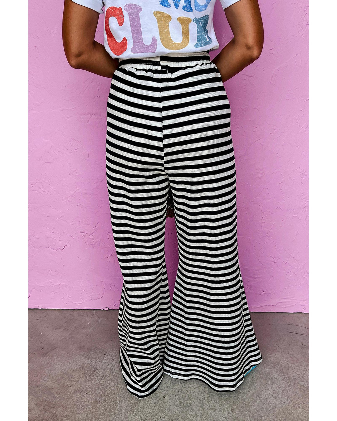 Black Stripe Lace-up Waist Casual Flared Pants - L