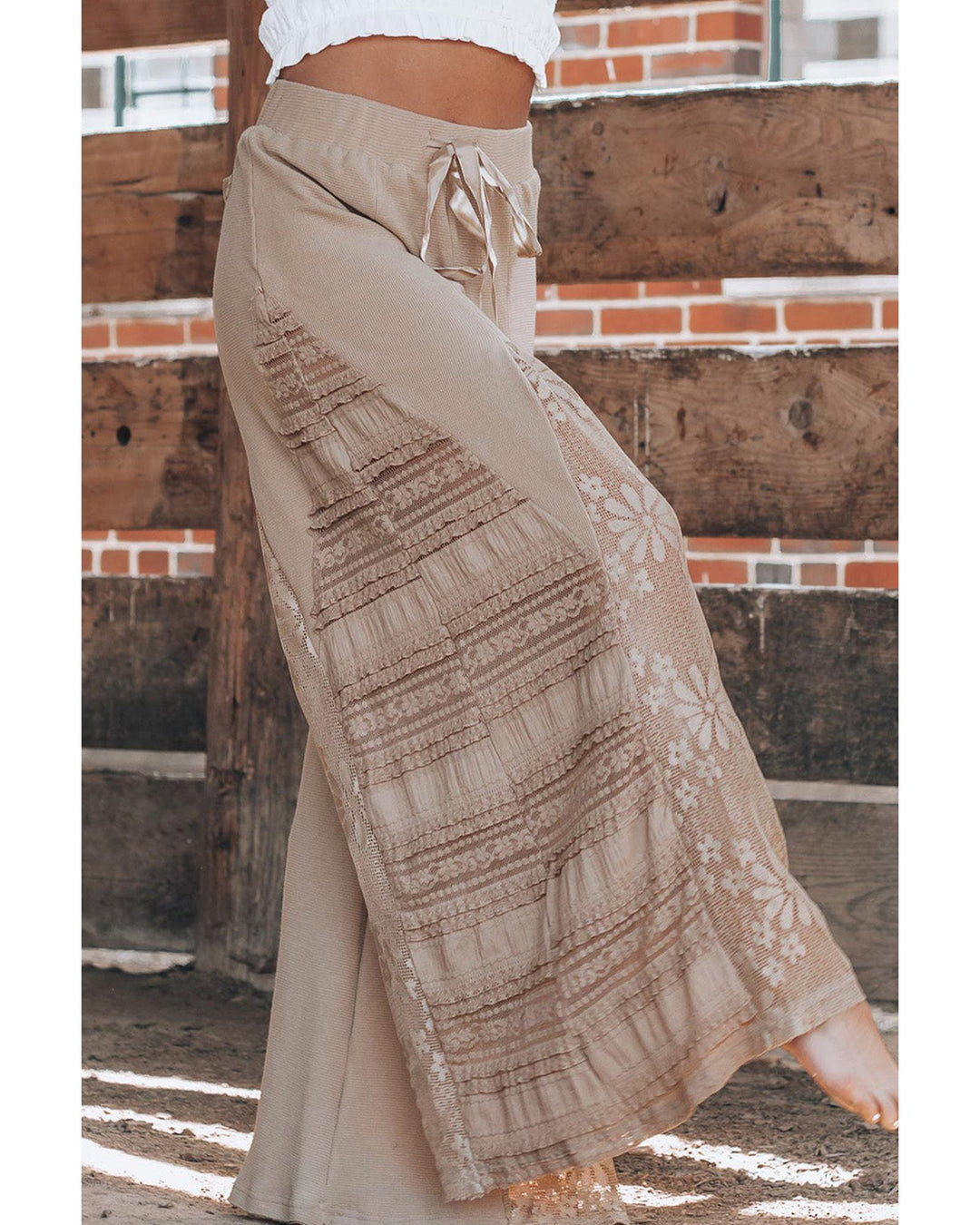 Smoke Gray Boho Lace Patchwork Wide Leg High Waist Pants - L