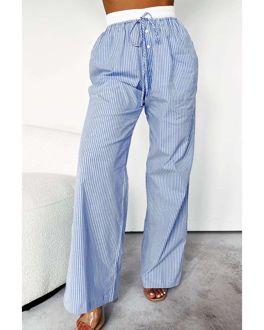 Sky Blue Stripe Wide Leg Buttoned Lace up Elastic High Waist Pants - XL