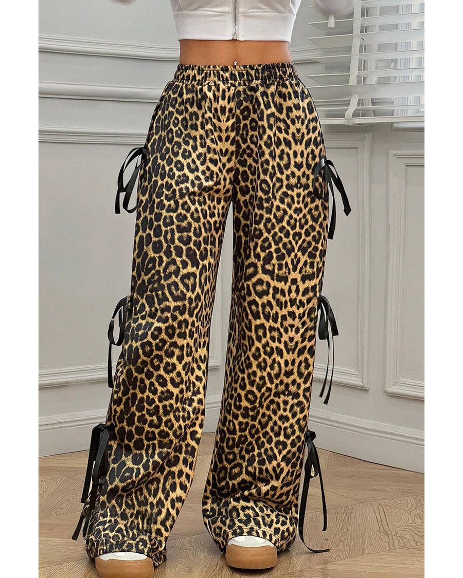Brown Leopard Print Bow Tie Drawstring Elastic Waist Loose High Waist Pants - XL