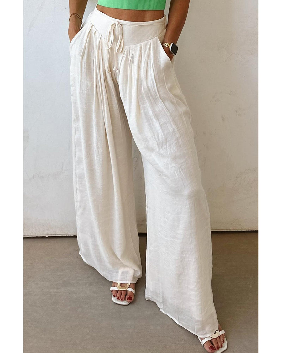 White Casual Tie Waist Pleated Wide Leg Pants - XL