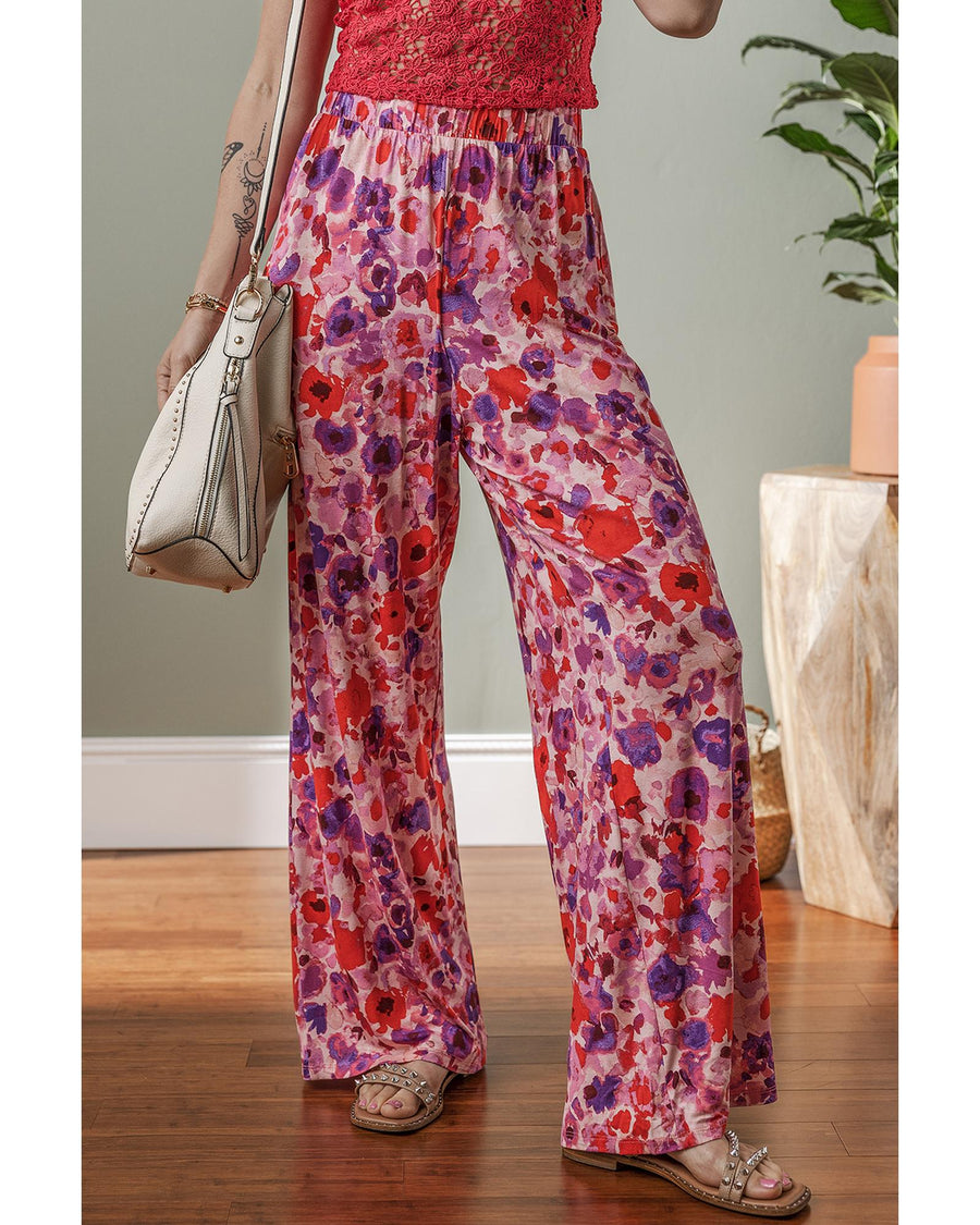 Purple Floral Wide Leg Elastic High Waist Pants - XL