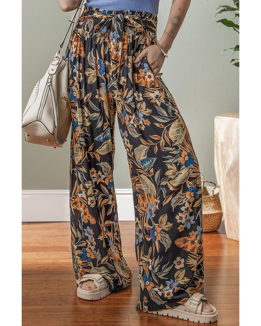 Multicolour Floral Shirred High Waist Wide Leg Pants with Tie - M