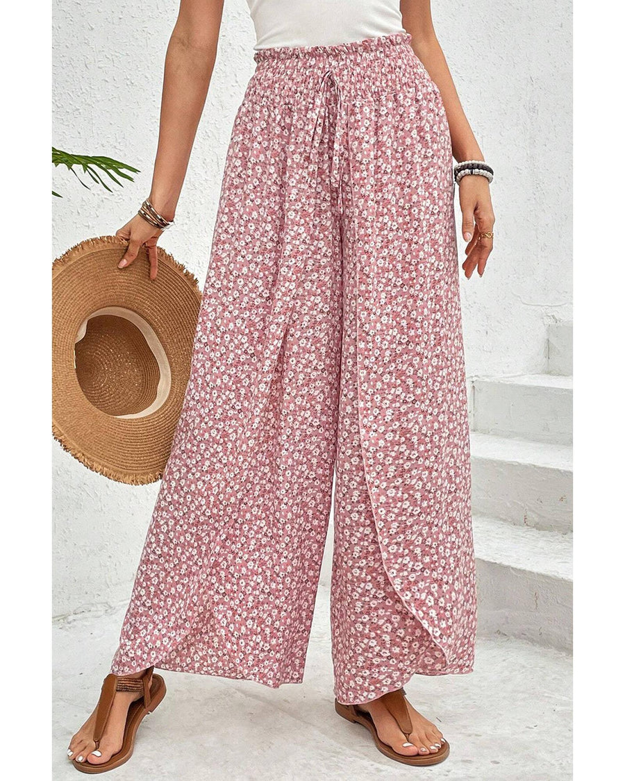 Pink Bohemian Print Slit Wide Leg Smocked High Waist Pants - L