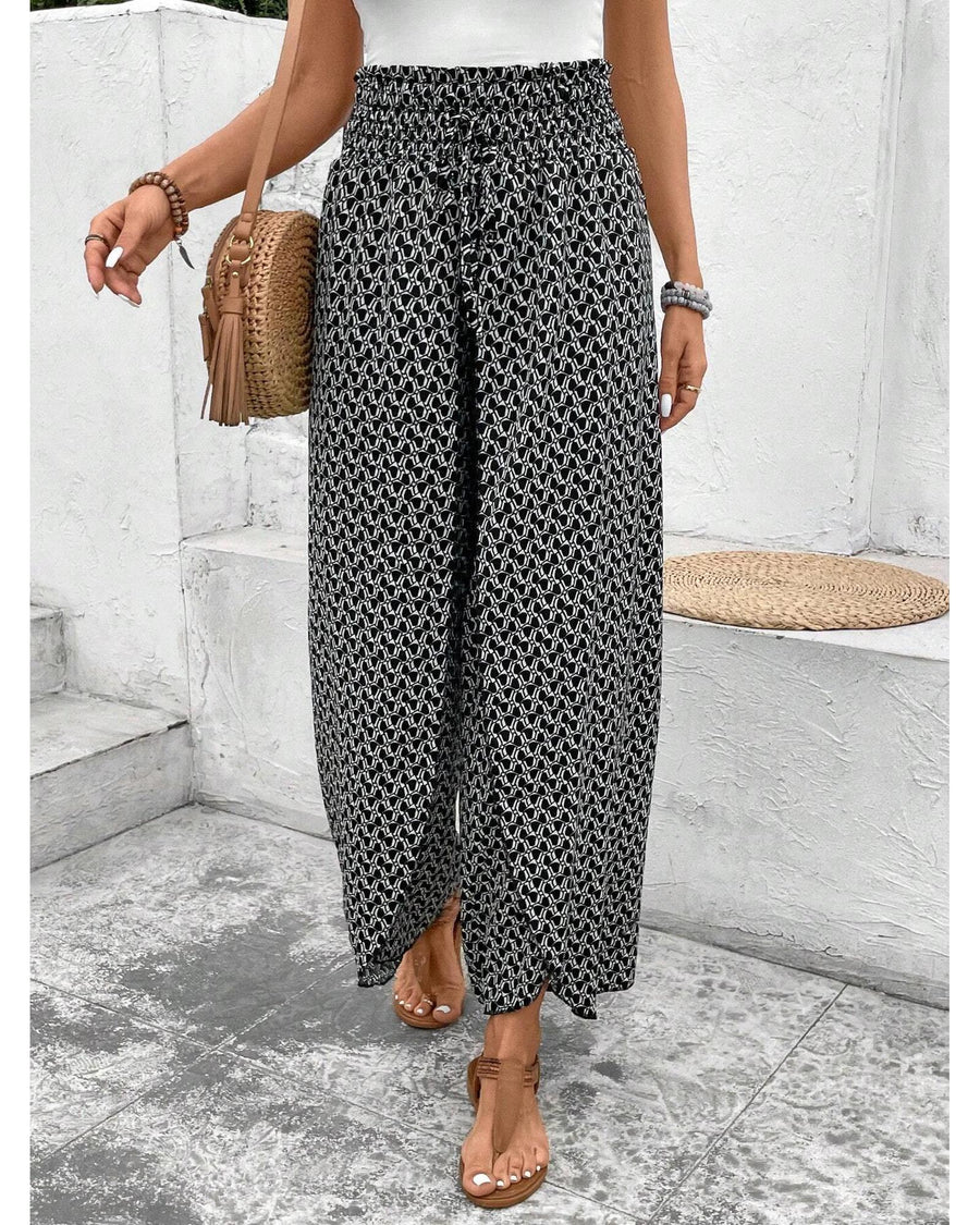 Black Bohemian Print Slit Wide Leg Smocked High Waist Pants - L