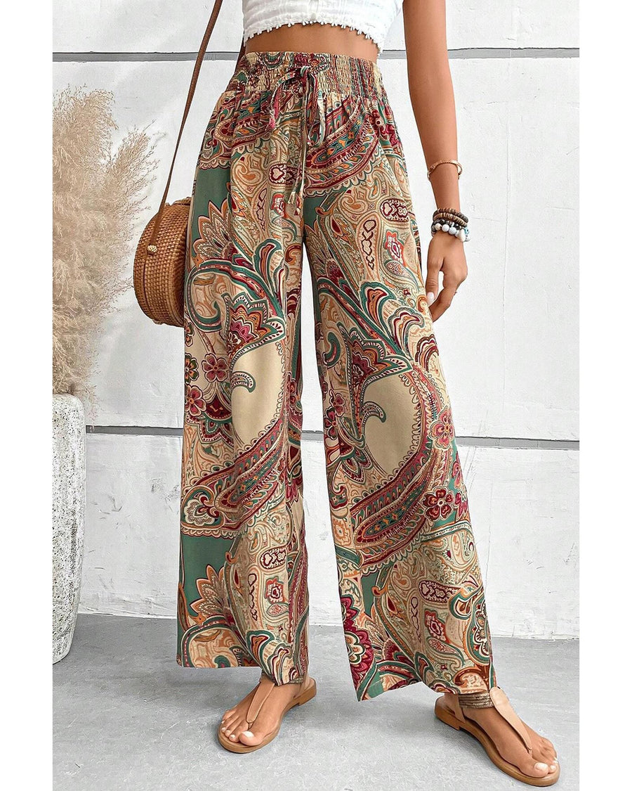 Khaki Paisley Print Boho Elastic Waist Wide Leg Pants - S