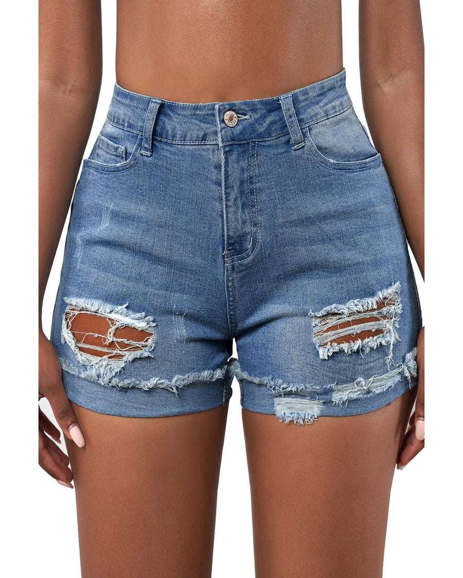 Azura Exchange Distressed Ripped Rolled Hem Sky Blue Denim Shorts - M
