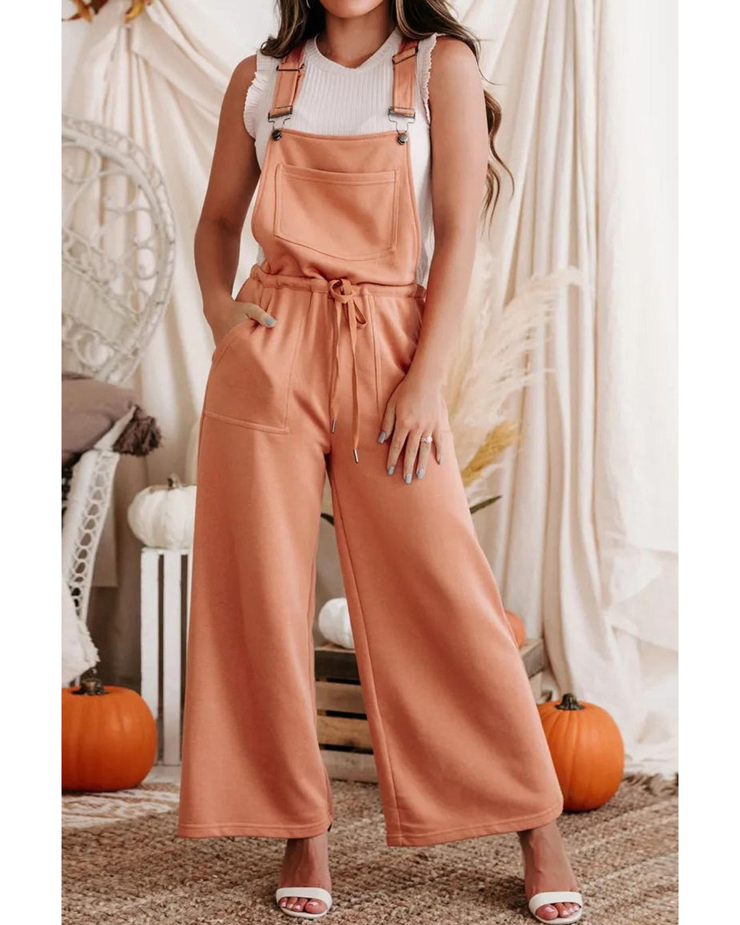 Orange Pocketed Drawstring Wide Leg Overalls - L