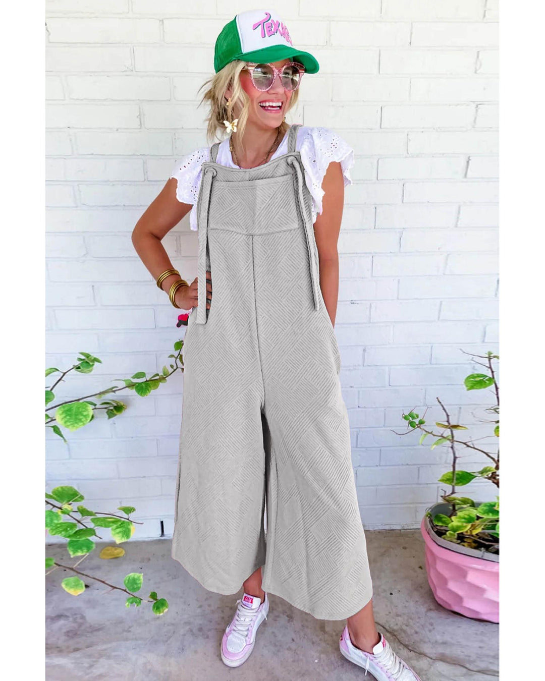 Light Grey Textured Self-Tie Strap Wide-Leg Overalls - L