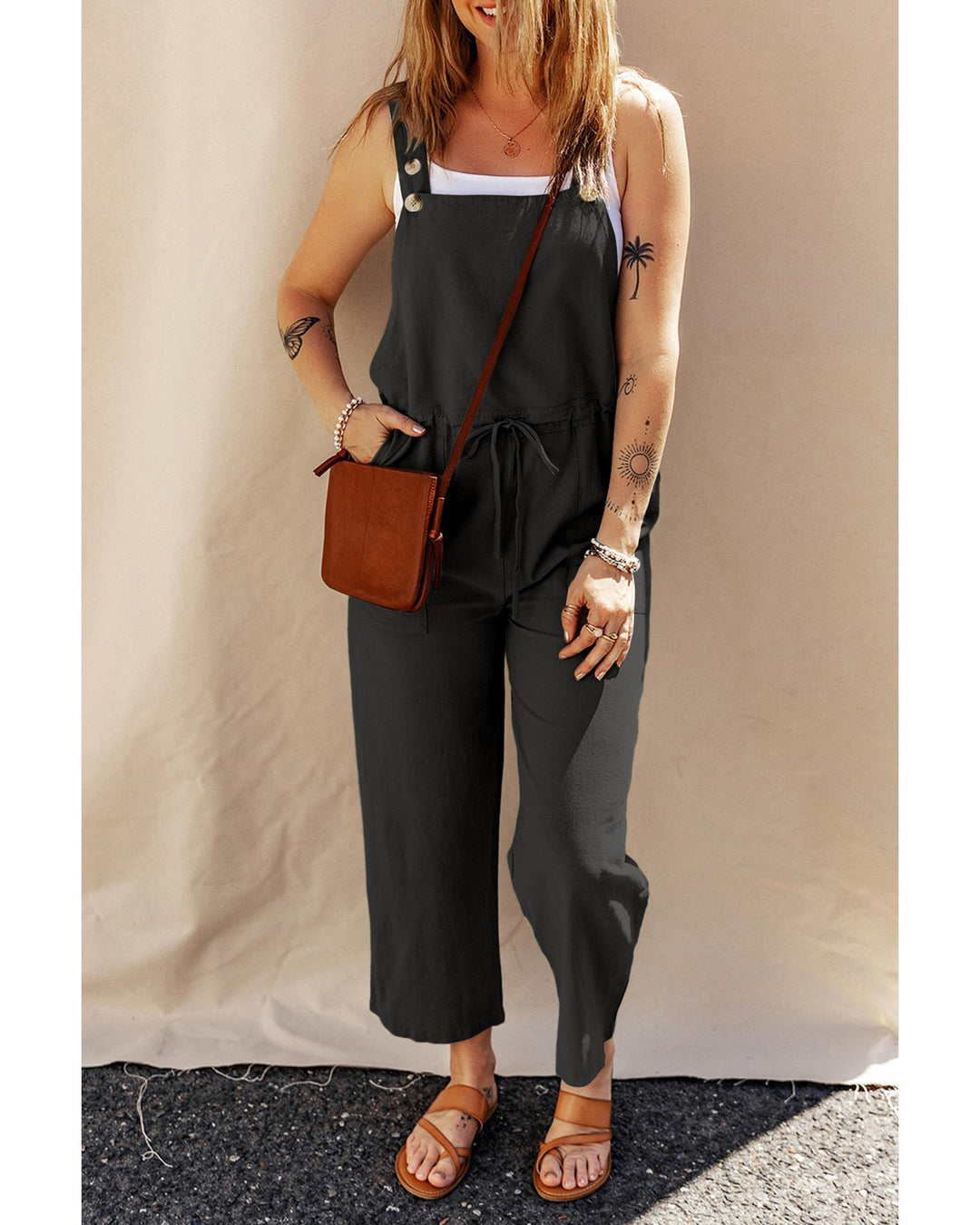 Black Drawstring Buttoned Straps Cropped Overall - L