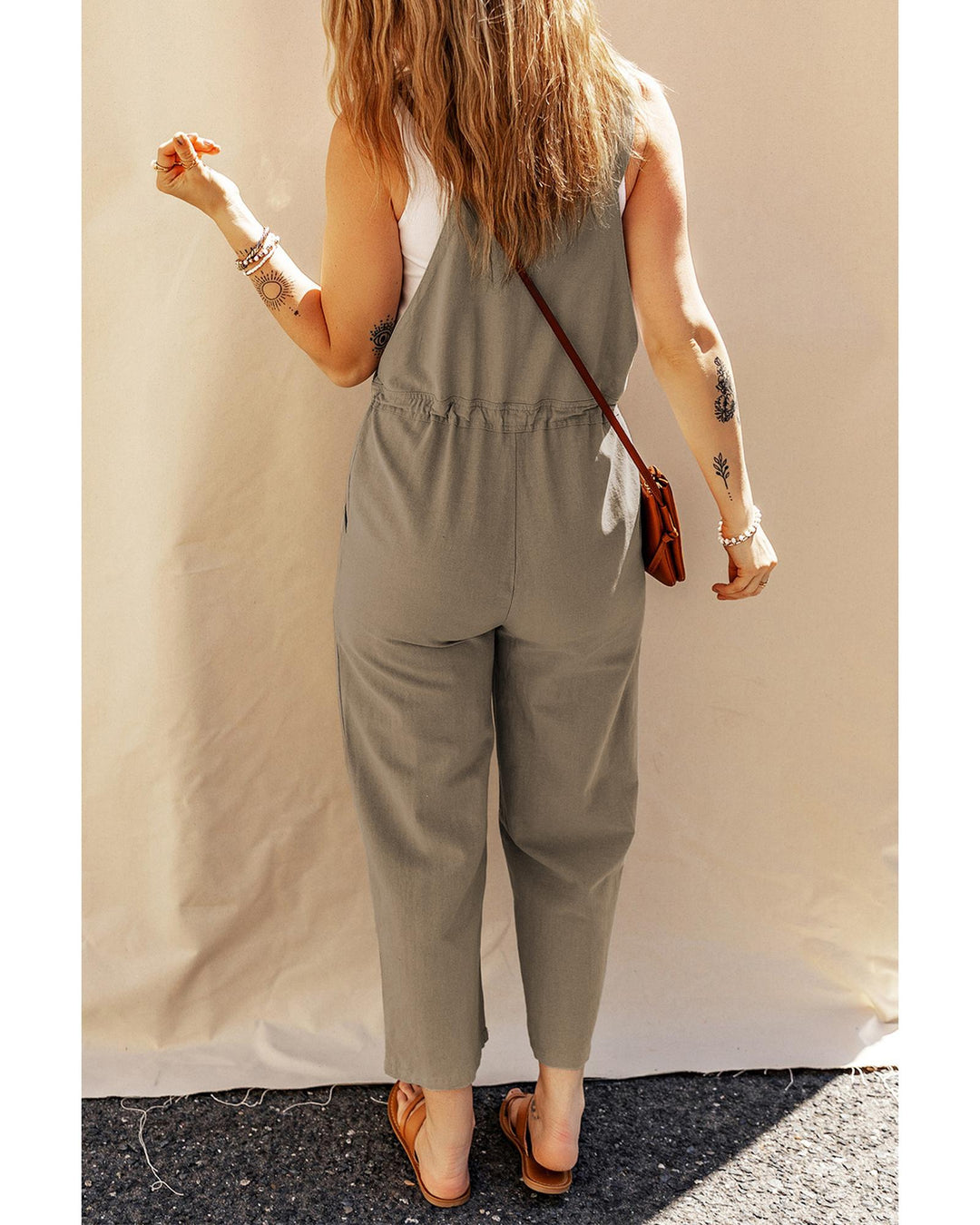 Sage Green Drawstring Buttoned Straps Cropped Overall - L