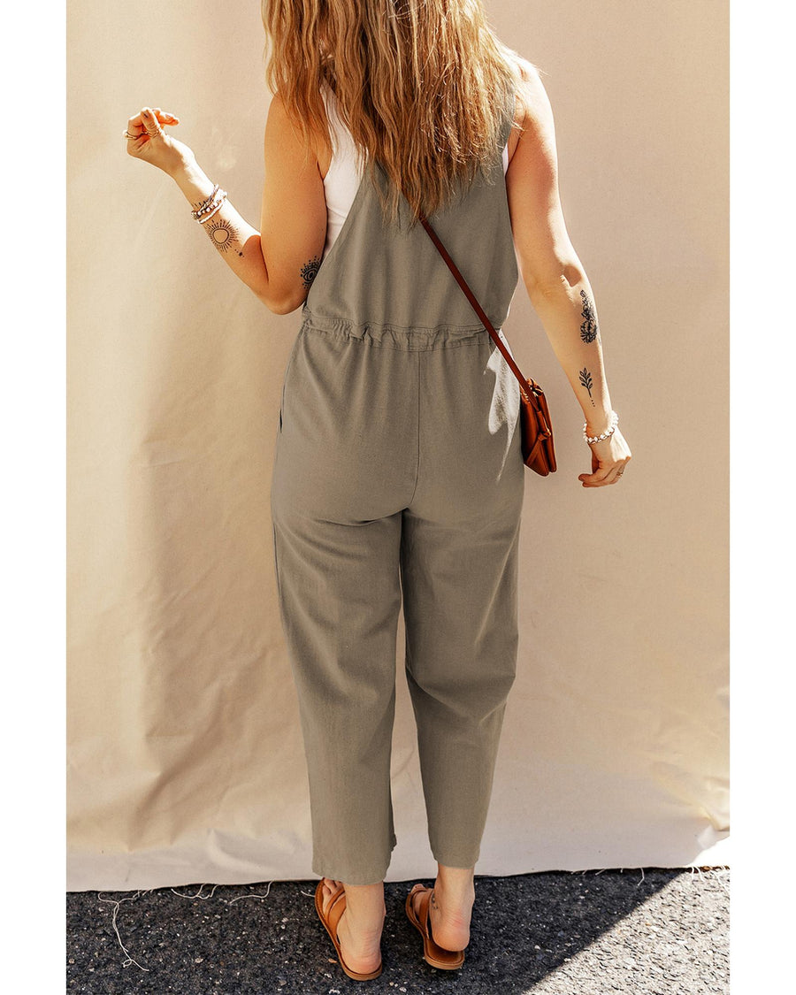 Sage Green Drawstring Buttoned Straps Cropped Overall - L