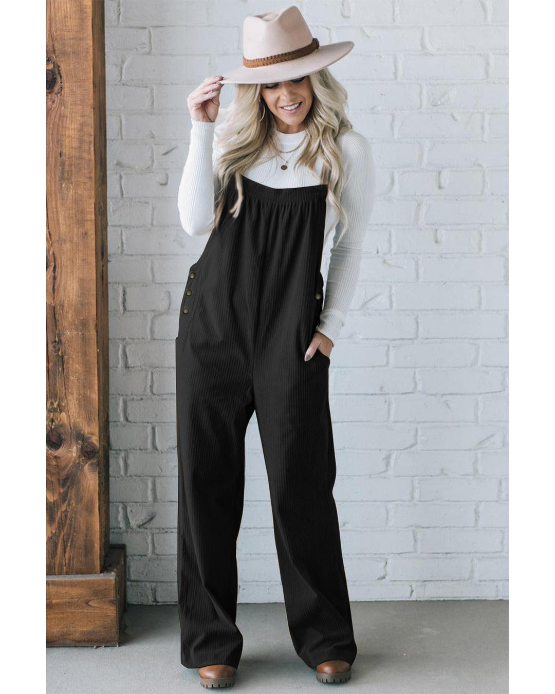 Black Solid Pocketed Loose Fit Corduroy Overall - XL
