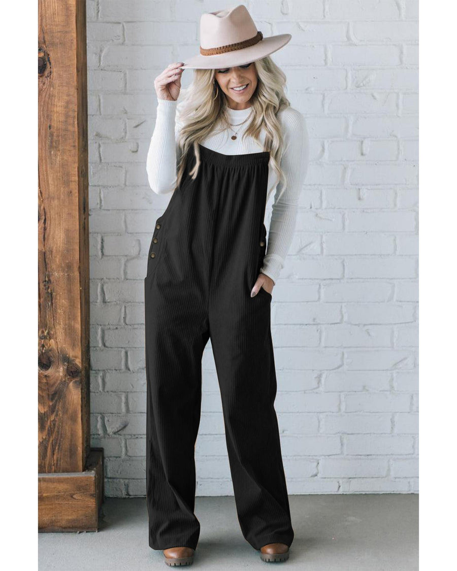 Black Solid Pocketed Loose Fit Corduroy Overall - XL