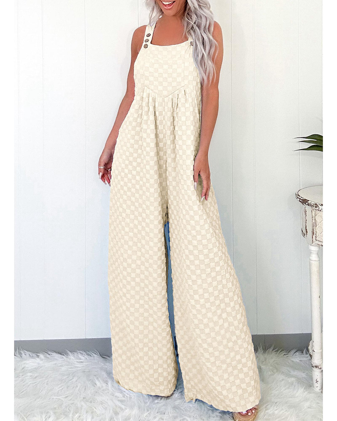 Beige Checkered Pocketed High Waist Wide Leg Overall - L