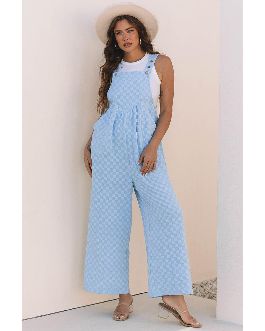 Beau Blue Checkered Pocketed High Waist Wide Leg Overall - L