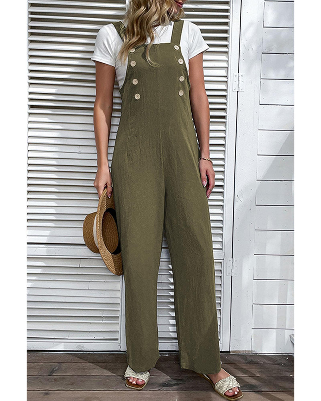Jungle Green Solid Color Buttoned Straight Leg Overall - L