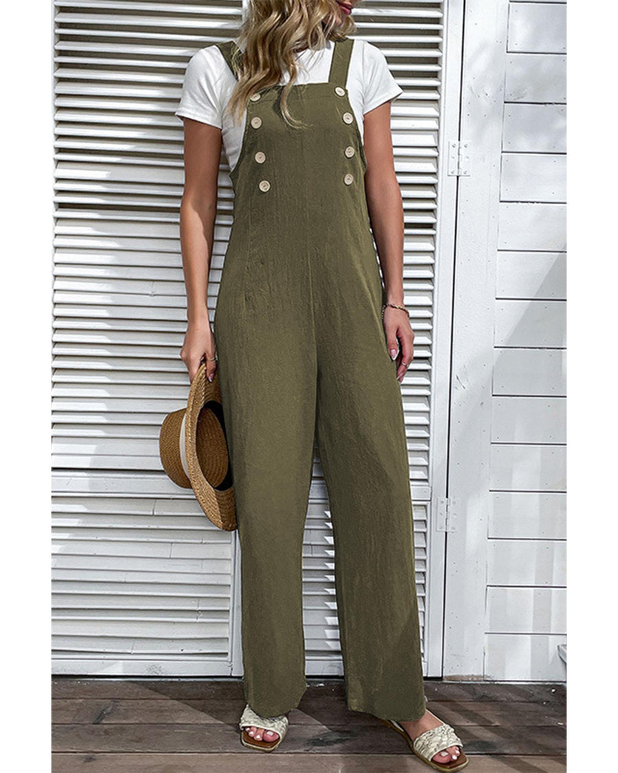 Jungle Green Solid Color Buttoned Straight Leg Overall - XL