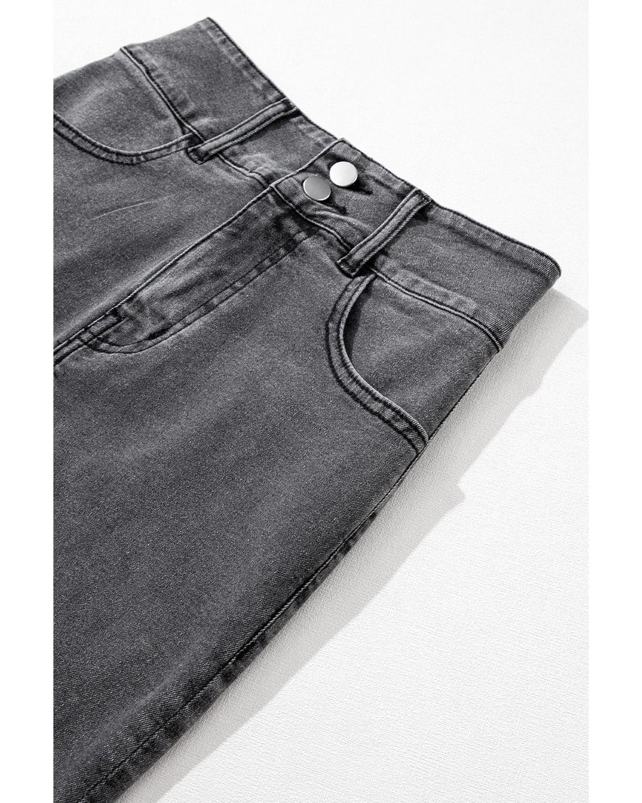 Black Raw Edge Side Slits Buttoned Midi Denim Skirt - L
