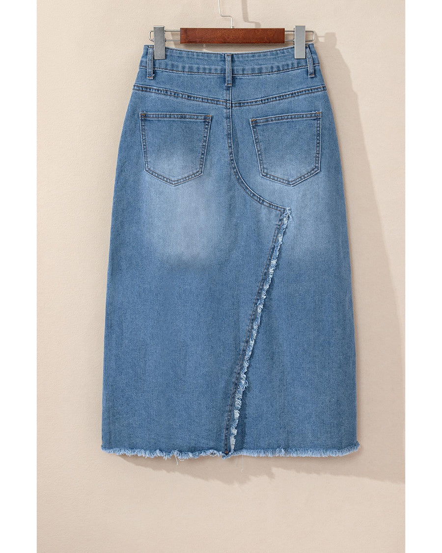 Light Blue Frayed Slit Asymmetric Denim Midi Skirt - XL