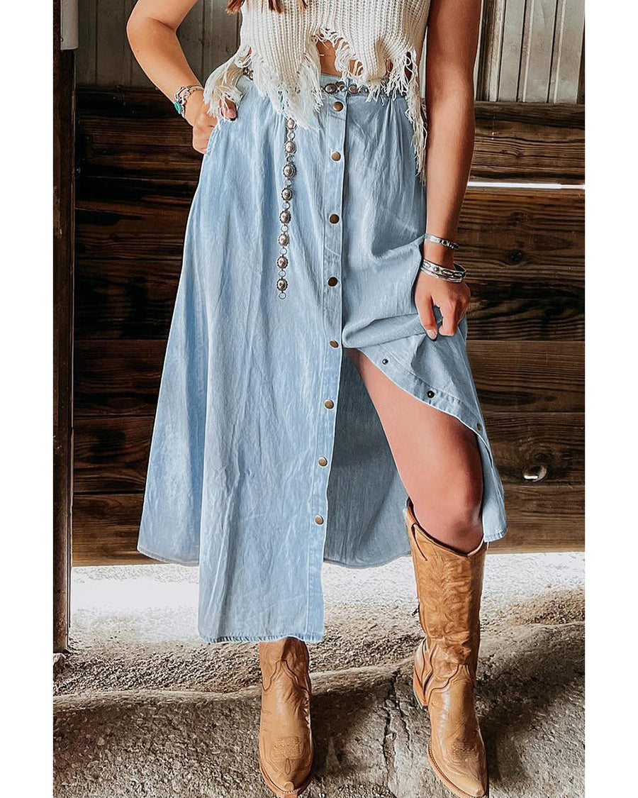 Mist Blue Fully Buttoned Long Denim Skirt - XL