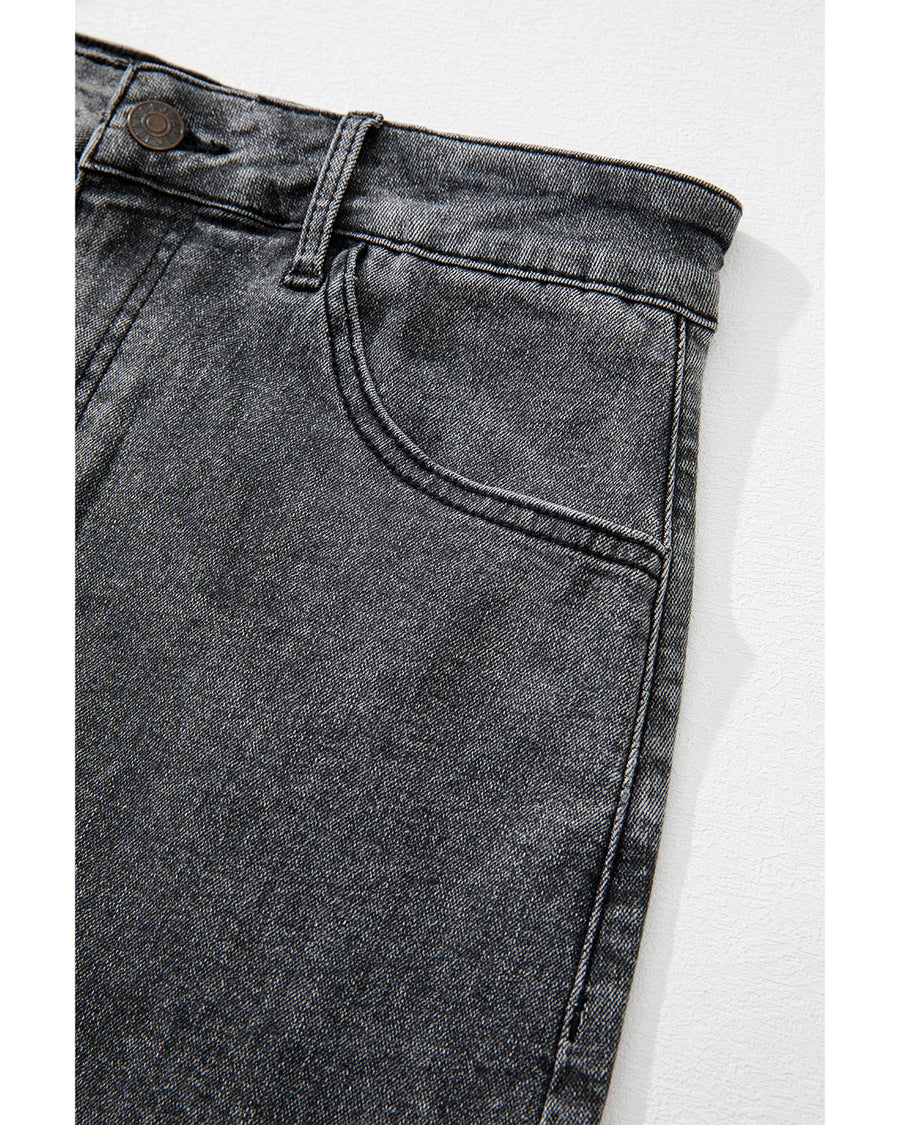 Dark Grey Denim Raw Hem Back Split High Waist Long Skirt - M